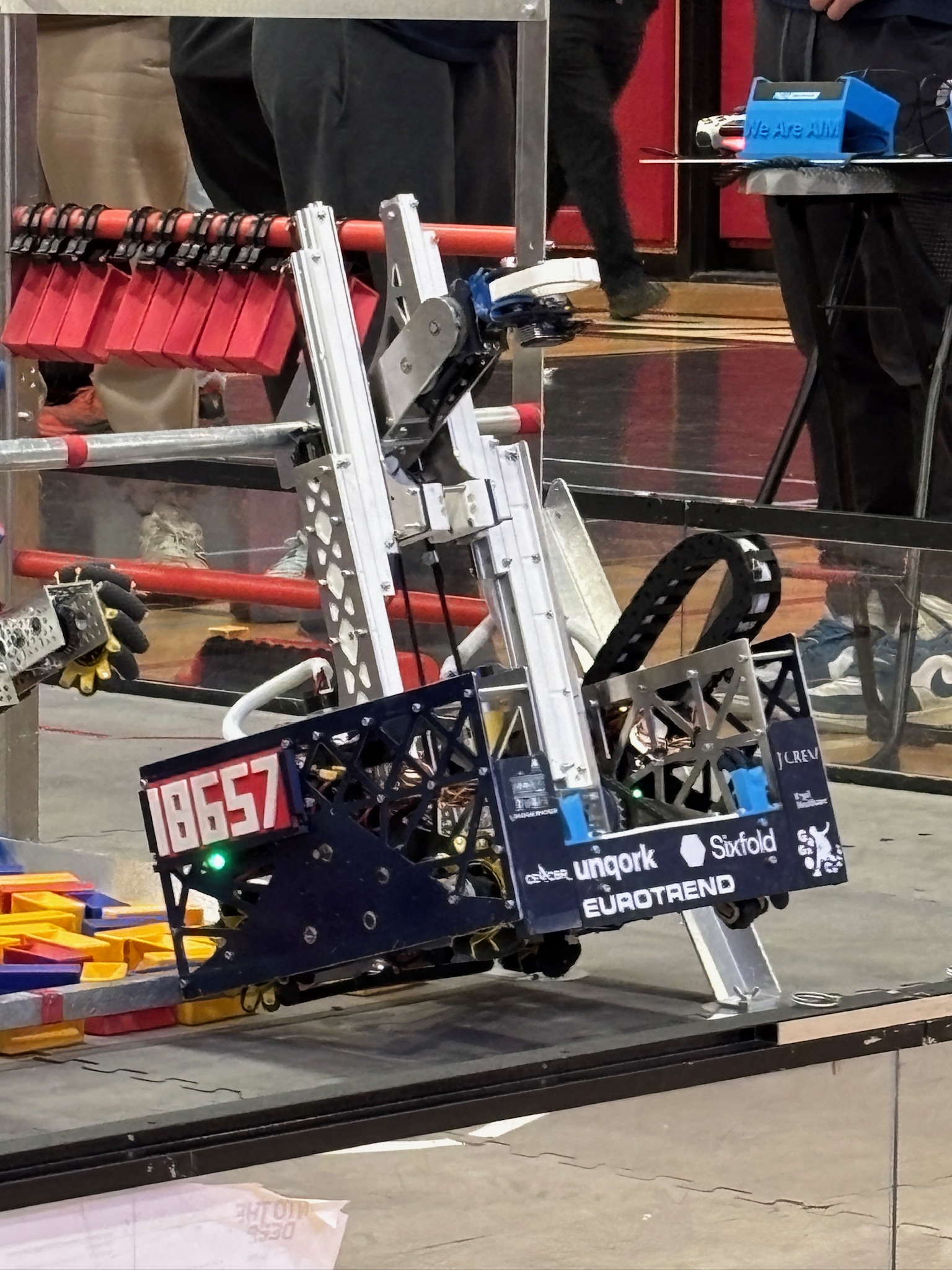 Griffy 5.8 competition robot with the lift and claw assembly extended