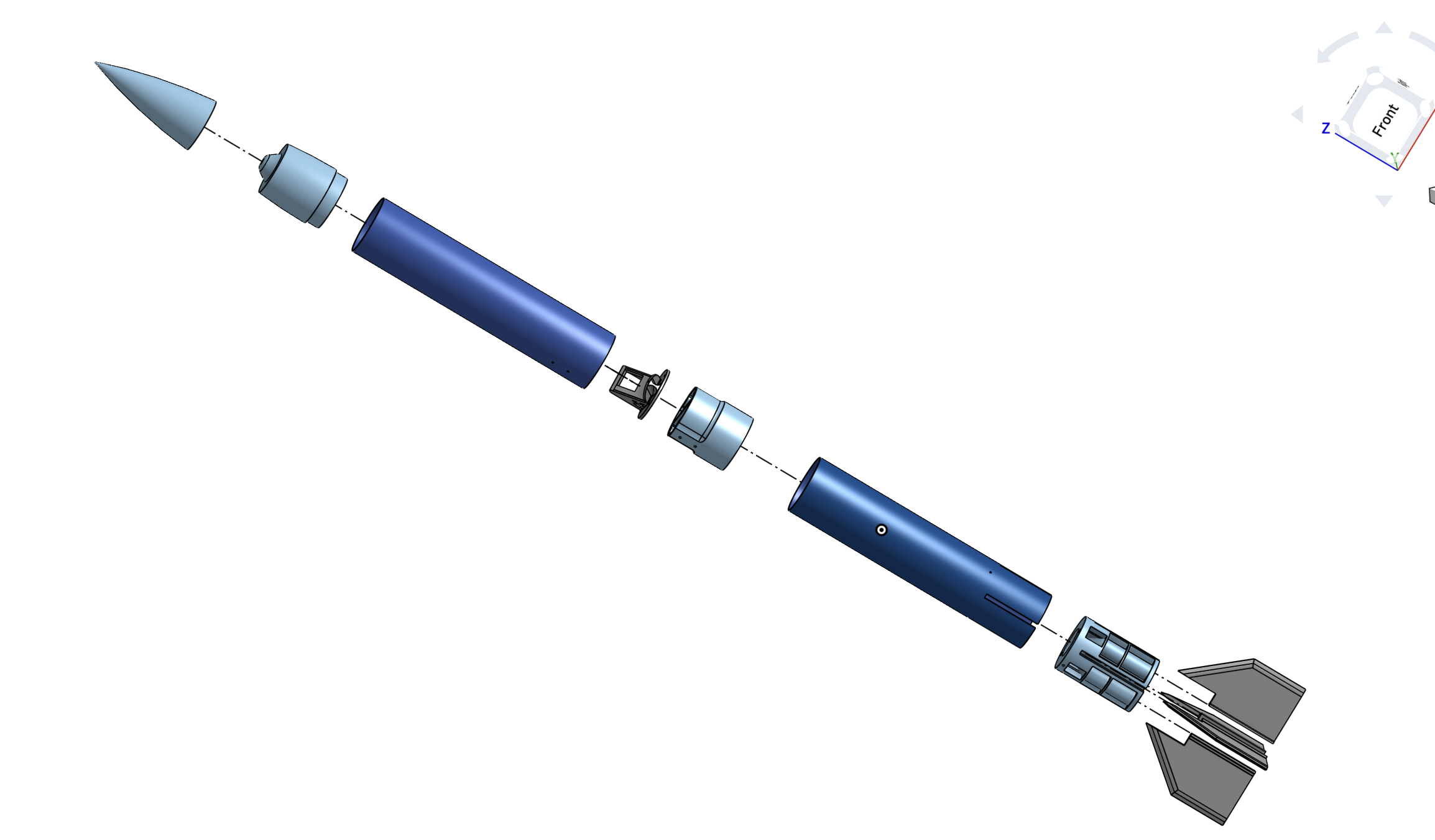 Exploded CAD assembly of the multi-engine model rocket, showing nose cone, body tubes, engine block, and fins