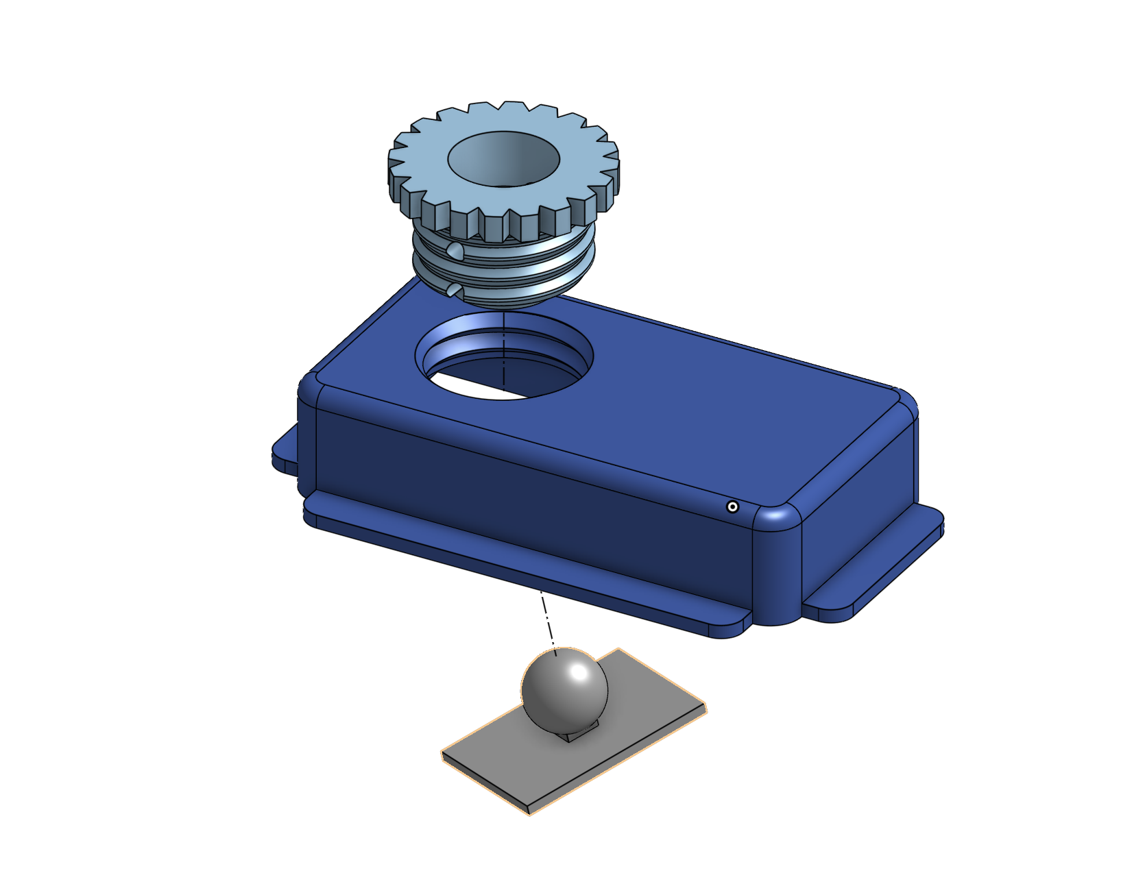 Exploded CAD assembly of a custom medical sensor enclosure, showing the threaded cap, housing, and mounting base