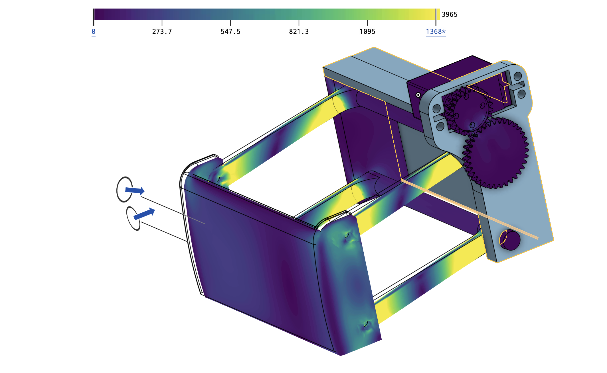 Stress simulation (FEA) of the tractor safety guard assembly showing load concentration under impact